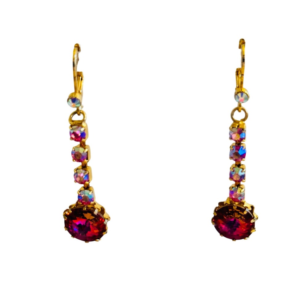 VTG Pink Rivoli Earrings Aurora Borealis Dangle 60s Rhinestone Glam Gold tone